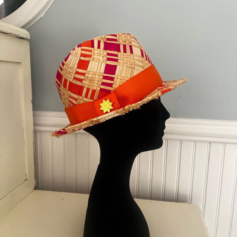 Jonathan Adler Straw Ribbon Orange and Pink Fedora Hat - Picture 2 of 10